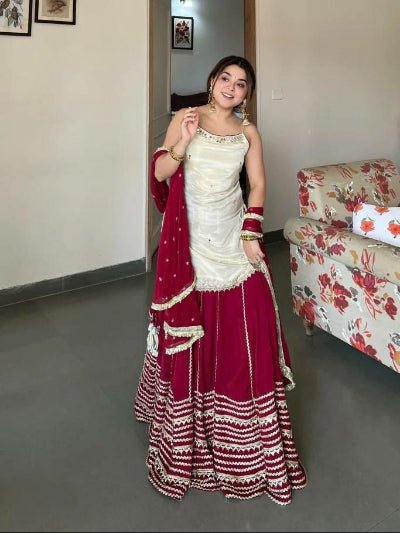 Crimson Red &amp; White Mirror Work Kurti Skirt Dupatta Set - BONYHUBSALWAR KAMEEZ