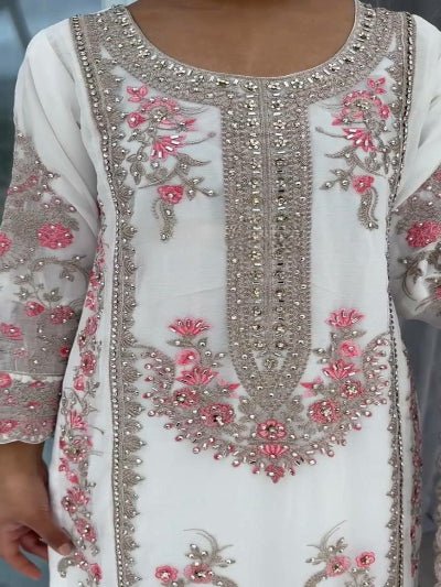 Crystal White Georgette Sequins Thread Work Salwar Suit Set - BONYHUBSALWAR KAMEEZ