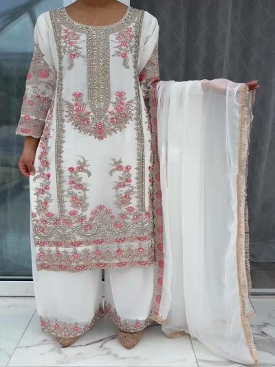Crystal White Georgette Sequins Thread Work Salwar Suit Set - BONYHUBSALWAR KAMEEZ