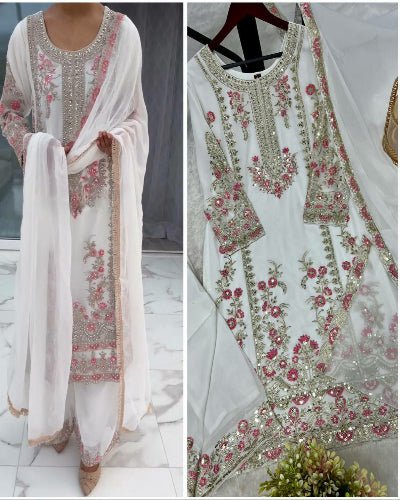 Crystal White Georgette Sequins Thread Work Salwar Suit Set - BONYHUBSALWAR KAMEEZ