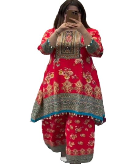 Plus Size Red Satin Silk Printed Mirror Work Kurti Palazzo Set - BONYHUBSALWAR KAMEEZ