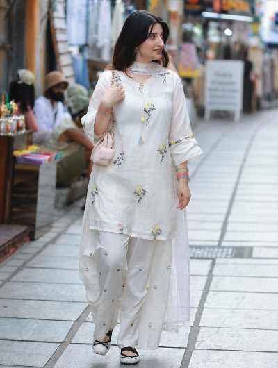 White Elegant Chanderi Farshi Salwar Suit Set
