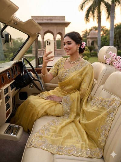 Daisy Yellow Crush Tissue Sari Free Stitched Blouse - BONYHUBSAREE