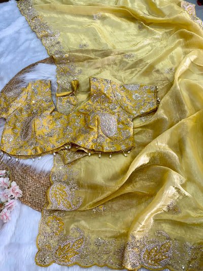 Daisy Yellow Crush Tissue Sari Free Stitched Blouse - BONYHUBSAREE