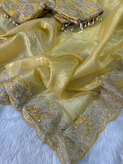 Daisy Yellow Crush Tissue Sari Free Stitched Blouse - BONYHUBSAREE