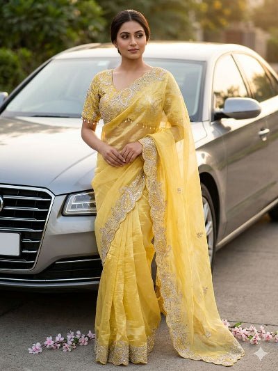 Daisy Yellow Crush Tissue Sari Free Stitched Blouse - BONYHUBSAREE