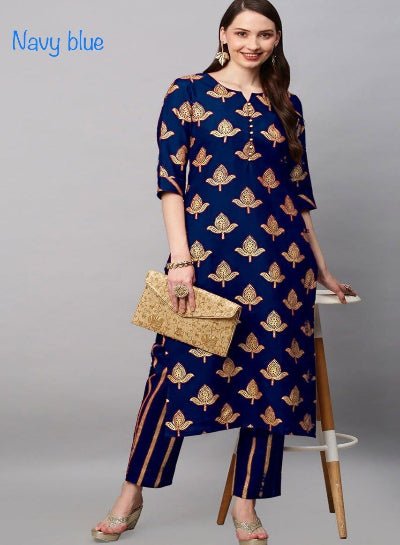 Dark Blue Rayon Foil Print Kurti Pant Set Of 2 - BONYHUBSALWAR KAMEEZ