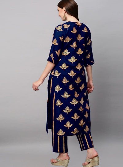 Dark Blue Rayon Foil Print Kurti Pant Set Of 2 - BONYHUBSALWAR KAMEEZ