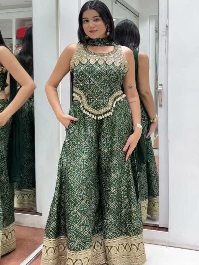 Dark Green Bandhani Embroidery Palazzo, Short Top &amp; Dupatta - BONYHUBSALWAR KAMEEZ