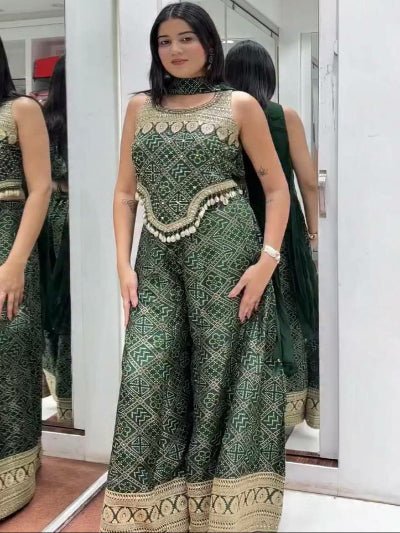 Dark Green Bandhani Embroidery Palazzo, Short Top &amp; Dupatta - BONYHUBSALWAR KAMEEZ