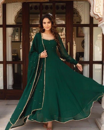 Dark Green Georgette Anarkali Gown With Dupatta 2Pc - BONYHUBSALWAR KAMEEZ