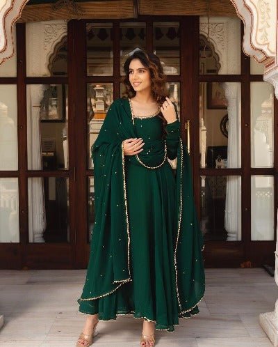 Dark Green Georgette Anarkali Gown With Dupatta 2Pc - BONYHUBSALWAR KAMEEZ