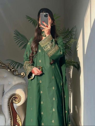 Dark Green Georgette Embroidery Work Palazzo Set - BONYHUBSALWAR KAMEEZ