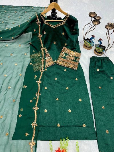 Dark Green Georgette Embroidery Work Palazzo Set - BONYHUBSALWAR KAMEEZ