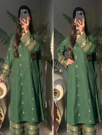 Dark Green Georgette Embroidery Work Palazzo Set - BONYHUBSALWAR KAMEEZ