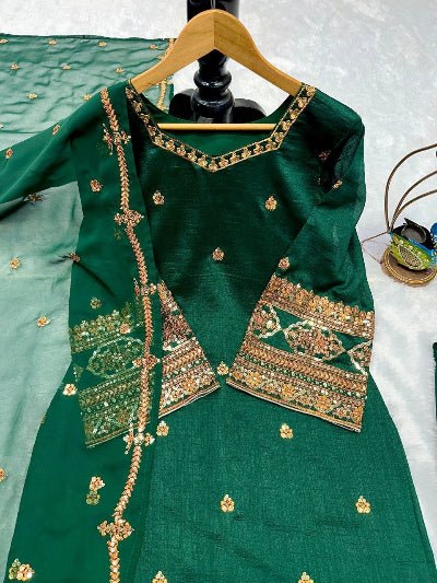 Dark Green Georgette Embroidery Work Palazzo Set - BONYHUBSALWAR KAMEEZ