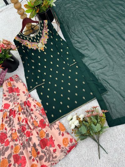 Dark Green Georgette Suit With Floral Sharara - BONYHUBSALWAR KAMEEZ