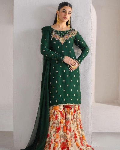 Dark Green Georgette Suit With Floral Sharara - BONYHUBSALWAR KAMEEZ