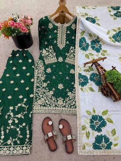 Dark Green Gold Embroidery Silk Palazzo Suit - BONYHUBSALWAR KAMEEZ