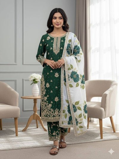 Dark Green Gold Embroidery Silk Palazzo Suit - BONYHUBSALWAR KAMEEZ