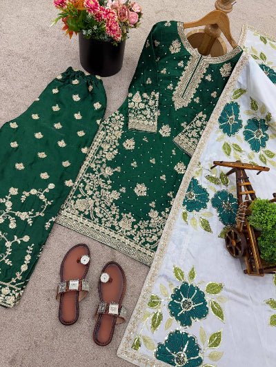 Dark Green Gold Embroidery Silk Palazzo Suit - BONYHUBSALWAR KAMEEZ