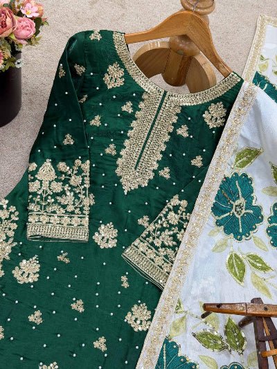 Dark Green Gold Embroidery Silk Palazzo Suit - BONYHUBSALWAR KAMEEZ