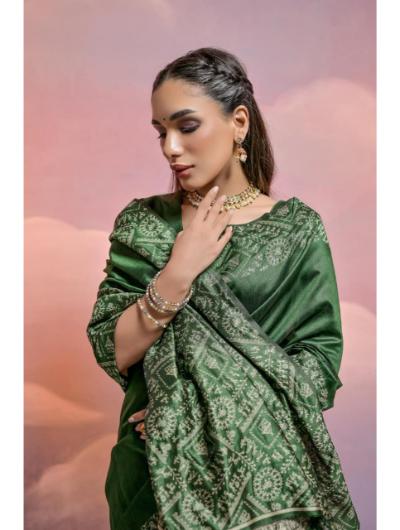 Dark Green Handloom Silk Sari with Unstiched Blouse - BONYHUBSAREE