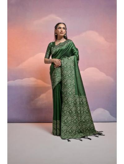 Dark Green Handloom Silk Sari with Unstiched Blouse - BONYHUBSAREE