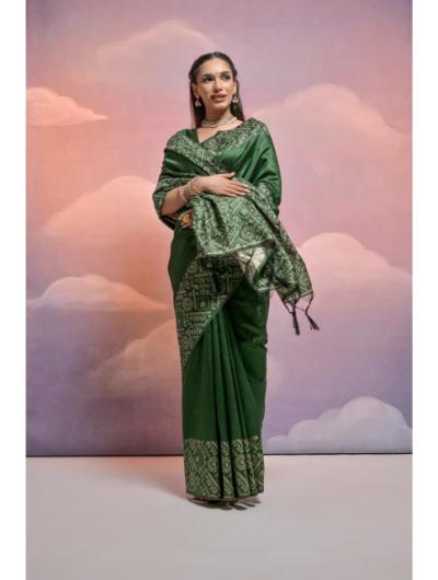Dark Green Handloom Silk Sari with Unstiched Blouse - BONYHUBSAREE