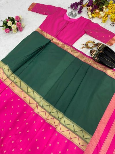 Dark Green &amp; Pink Silk Jacquard Zip &amp; Go 10 Sec Saree Gown - BONYHUBSAREE