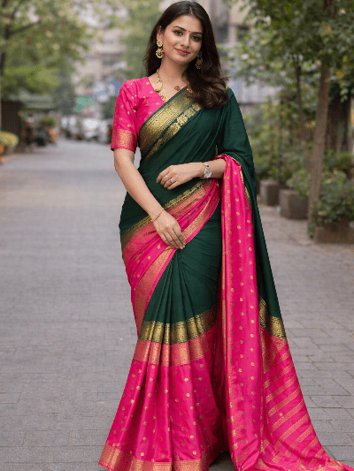 Dark Green & Pink Silk Jacquard Zip & Go 10 Sec Saree Gown - BONYHUBSAREE