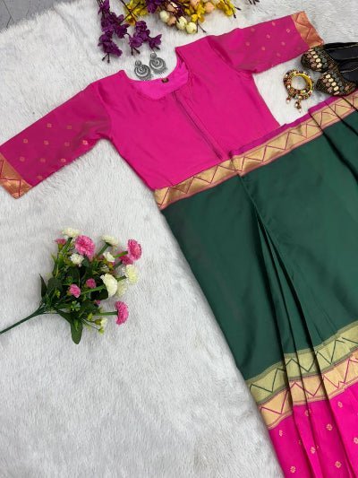 Dark Green &amp; Pink Silk Jacquard Zip &amp; Go 10 Sec Saree Gown - BONYHUBSAREE