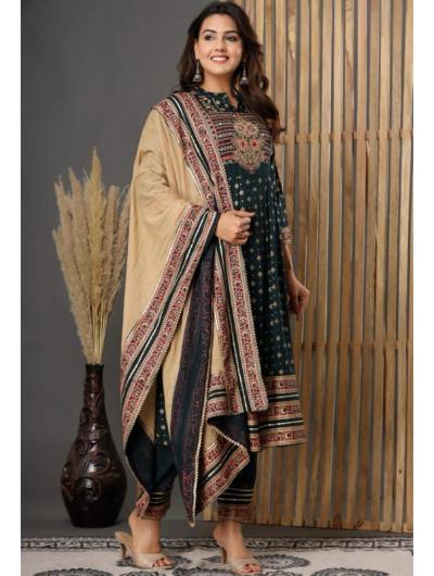 Dark Green Rayon Embroidered Salwar Suit (Set of 3) - BONYHUBSALWAR KAMEEZ