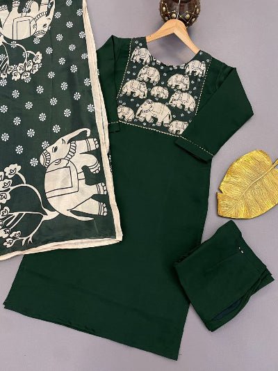 Dark Green Roman Silk Elephant Print Salwar Suit Set - BONYHUBSALWAR KAMEEZ