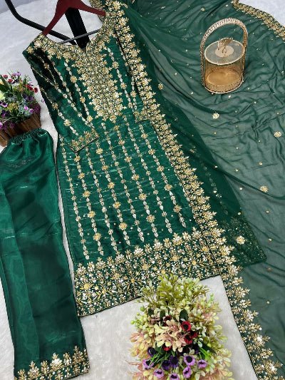 Dark Green Silk Blend Sequins Work Palazzo Suit Set - BONYHUBSALWAR KAMEEZ