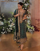 Dark Green Silk Blend Sequins Work Palazzo Suit Set - BONYHUBSALWAR KAMEEZ