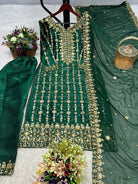 Dark Green Silk Blend Sequins Work Palazzo Suit Set - BONYHUBSALWAR KAMEEZ