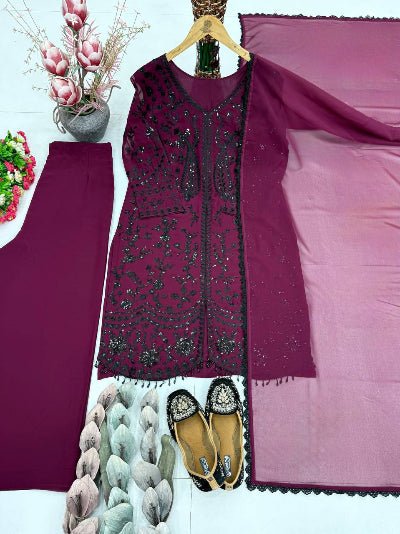 Dark Magenta Georgette Sequins Embroidered Palazzo Suit - BONYHUBSALWAR KAMEEZ
