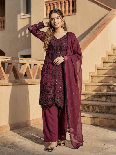 Dark Magenta Georgette Sequins Embroidered Palazzo Suit - BONYHUBSALWAR KAMEEZ
