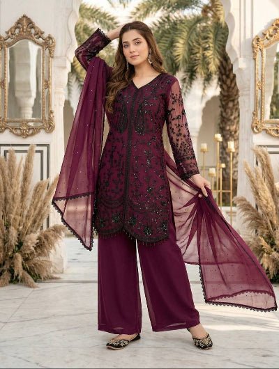 Dark Magenta Georgette Sequins Embroidered Palazzo Suit - BONYHUBSALWAR KAMEEZ