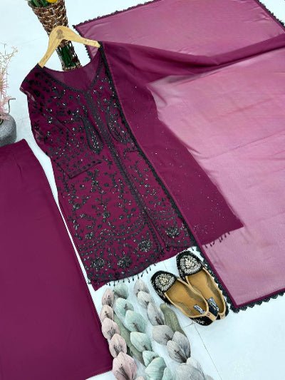 Dark Magenta Georgette Sequins Embroidered Palazzo Suit - BONYHUBSALWAR KAMEEZ