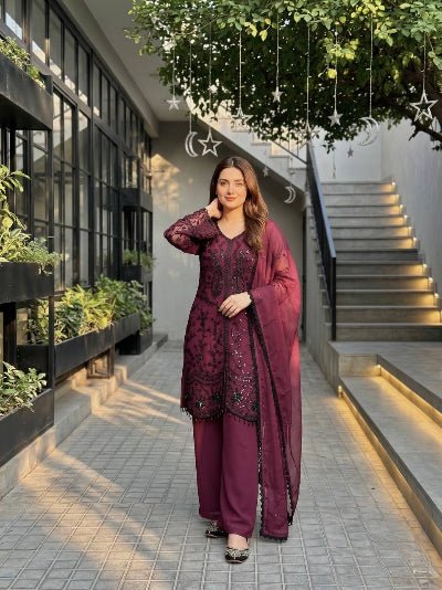 Dark Magenta Georgette Sequins Embroidered Palazzo Suit - BONYHUBSALWAR KAMEEZ