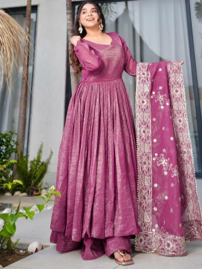 Dark Mauve Pink Anarkali Sharara Suit Set - BONYHUBSALWAR KAMEEZ