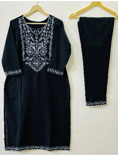 Dark Navy Blue Cotton Anarkali Suit Set - BONYHUBSALWAR KAMEEZ