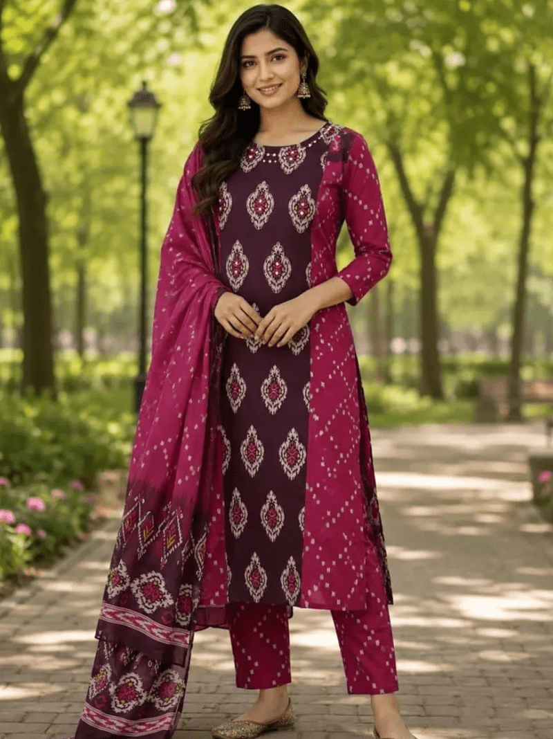 Dark Pink Cotton Straight Suit | 3 Piece Kurta Trouser Dupatta Set - BONYHUBSALWAR KAMEEZ
