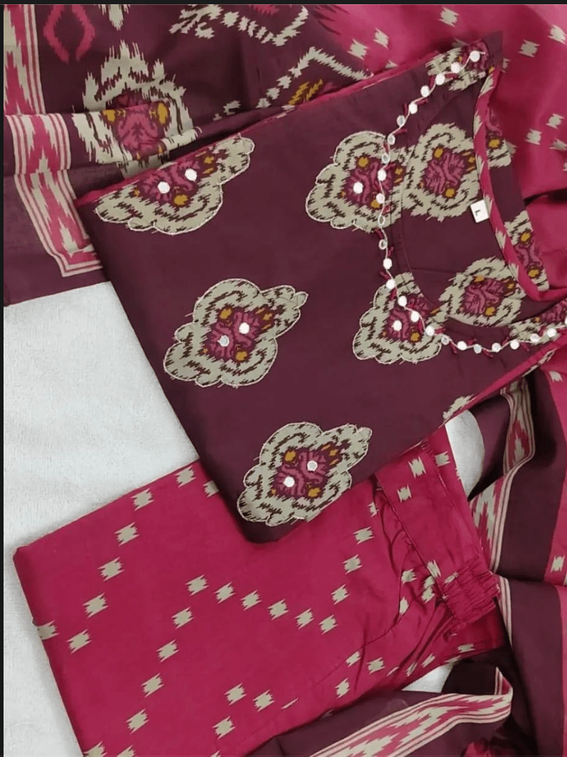 Dark Pink Cotton Straight Suit | 3 Piece Kurta Trouser Dupatta Set - BONYHUBSALWAR KAMEEZ