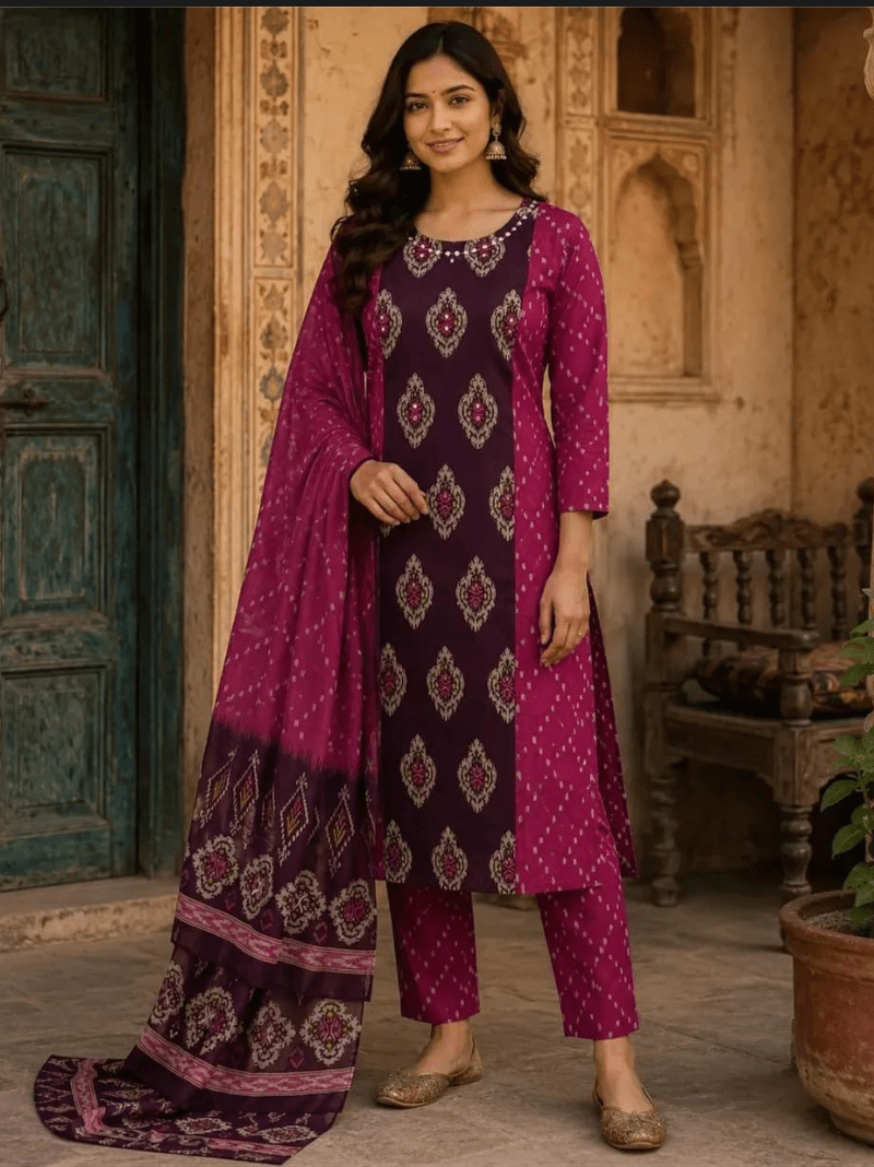 Dark Pink Cotton Straight Suit | 3 Piece Kurta Trouser Dupatta Set - BONYHUBSALWAR KAMEEZ