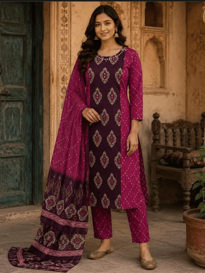 Dark Pink Cotton Straight Suit | 3 Piece Kurta Trouser Dupatta Set - BONYHUBSALWAR KAMEEZ