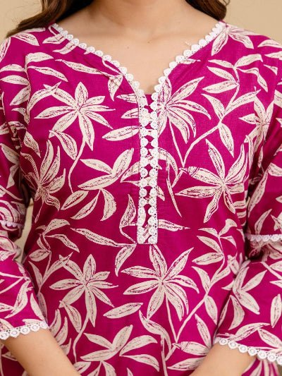 Dark Pink Jaipuri Printed Cotton Kurti Pant Set Of 2 - BONYHUBSALWAR KAMEEZ