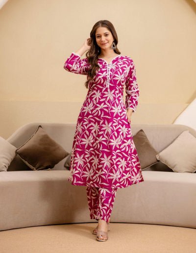 Dark Pink Jaipuri Printed Cotton Kurti Pant Set Of 2 - BONYHUBSALWAR KAMEEZ